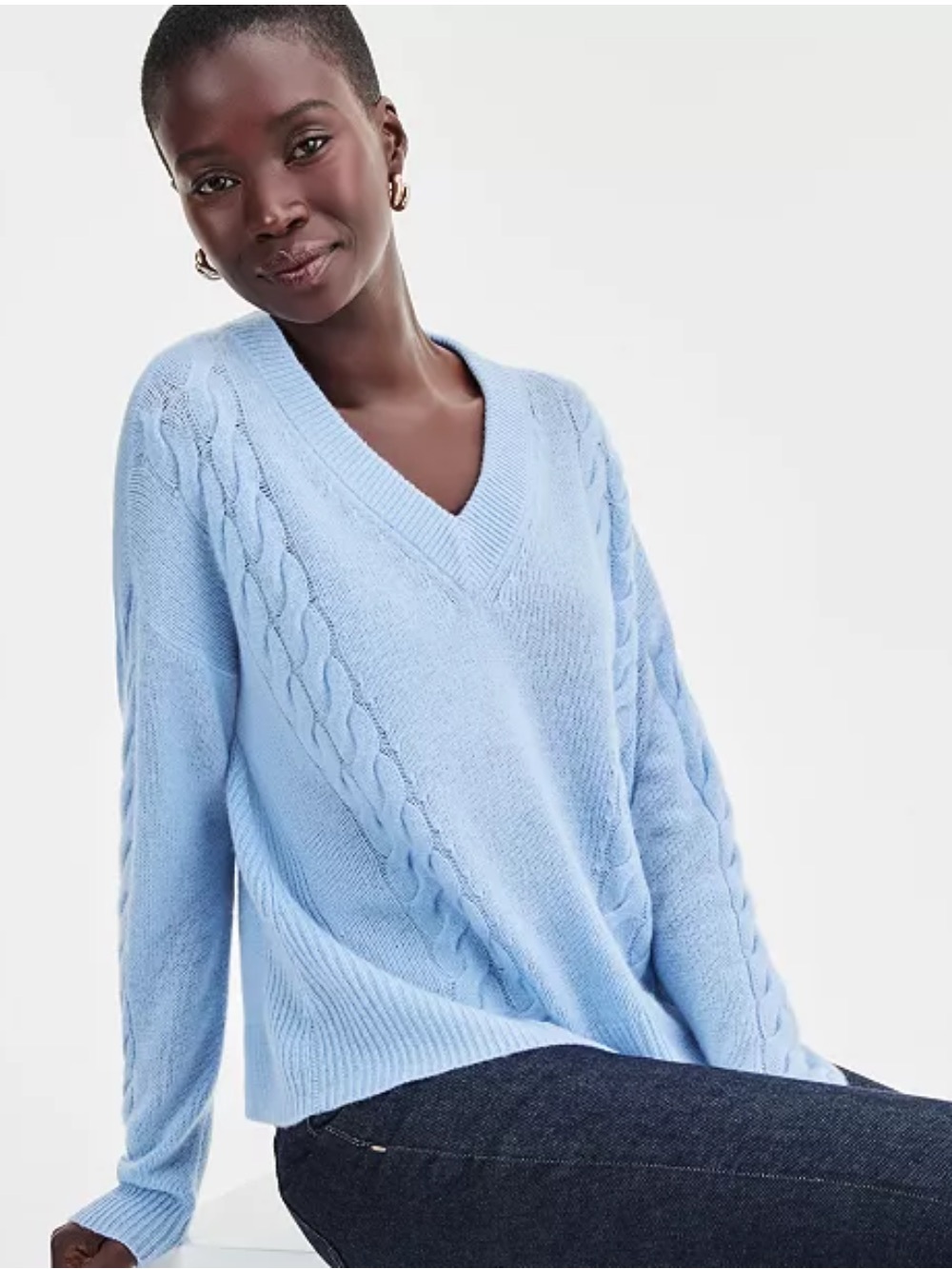NWT 100% Cashmere Charter Club Light Blue V-Neck Cable Knit Sweater